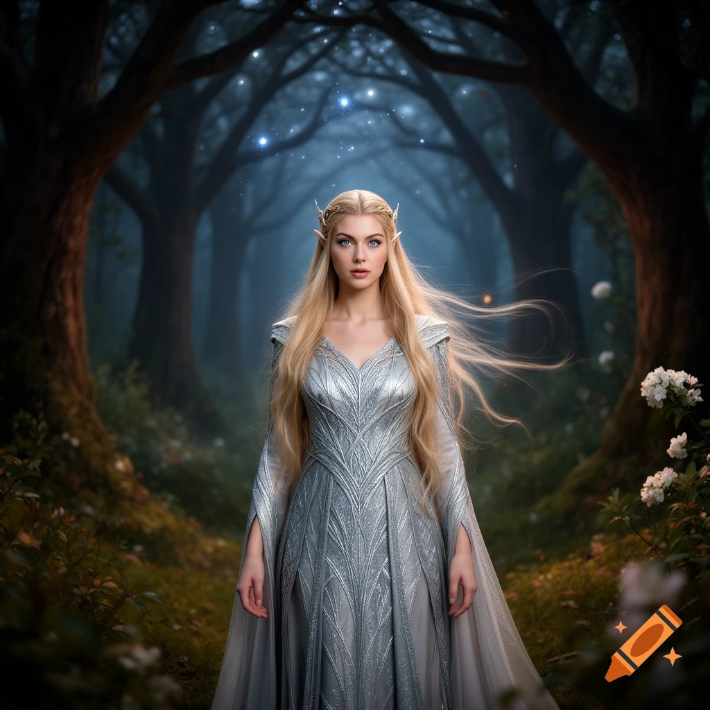 An elegant blonde elf woman in a silver dress stands in a magical, dark fantasy forest with glowing lights.