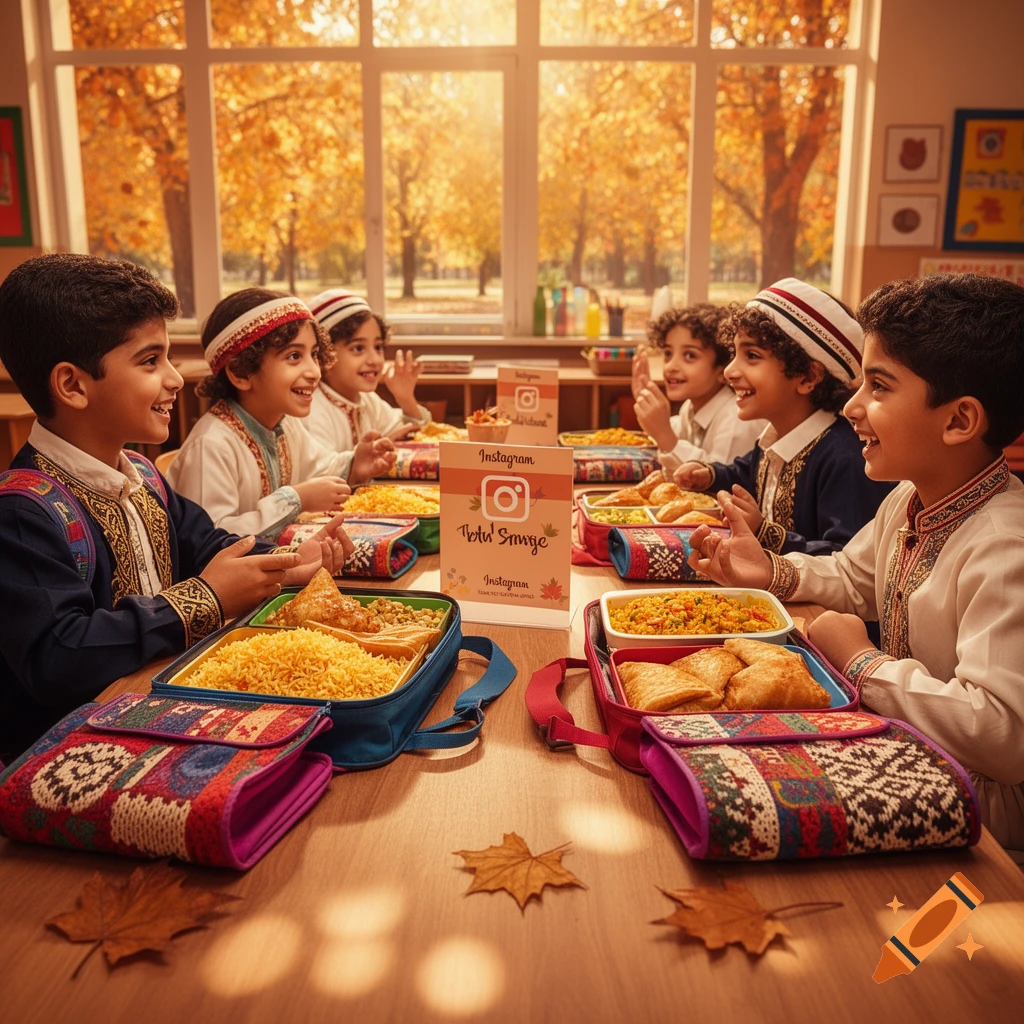 Children in traditional attire eating lunch at school desks in a sunlit classroom with fall foliage outside.
