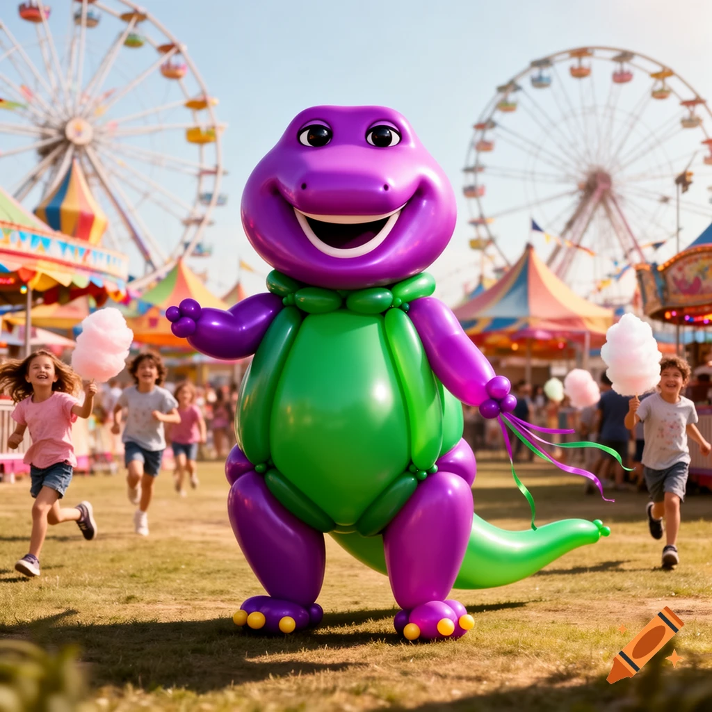 A photorealistic purple and green balloon dinosaur (Barney) stands at a sunny carnival with Ferris wheels and children running with cotton candy.