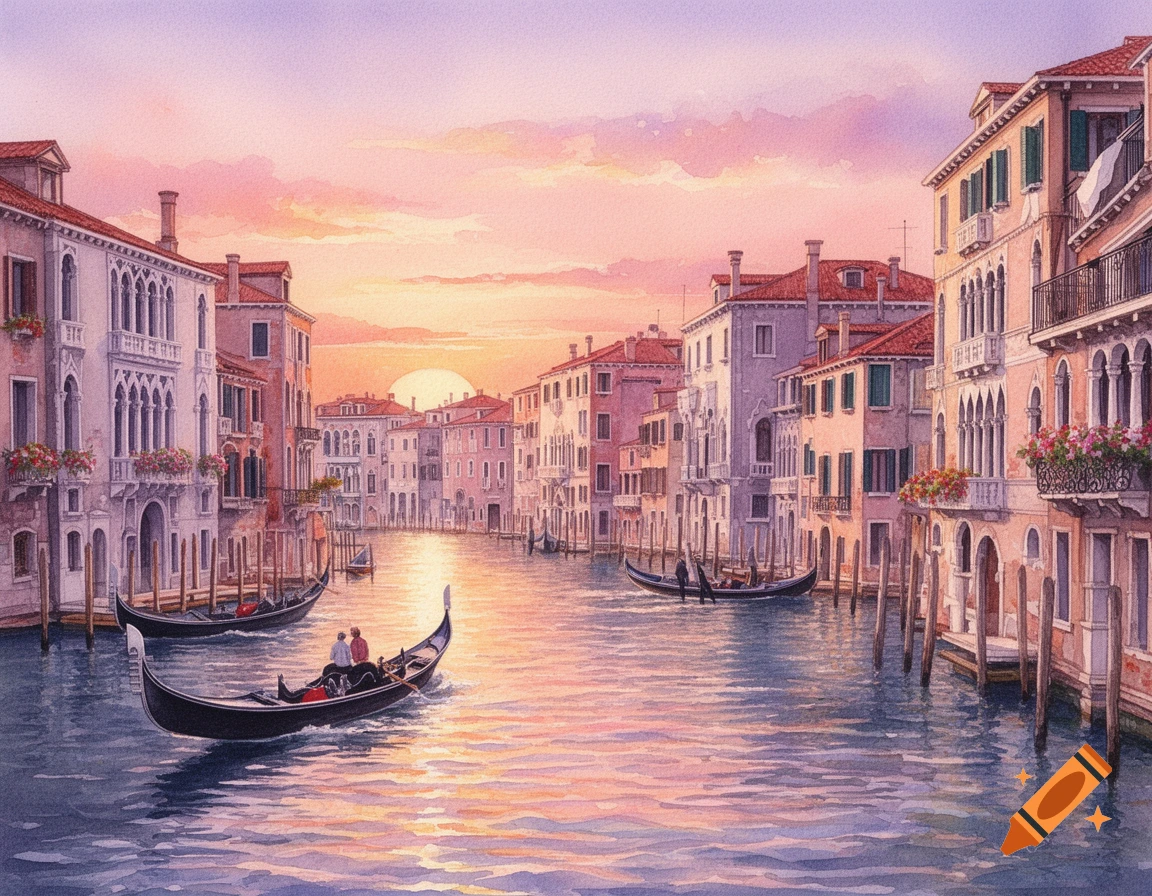 Watercolor painting of Venice canals at sunset, with gondolas on the water and historic buildings lining the banks.