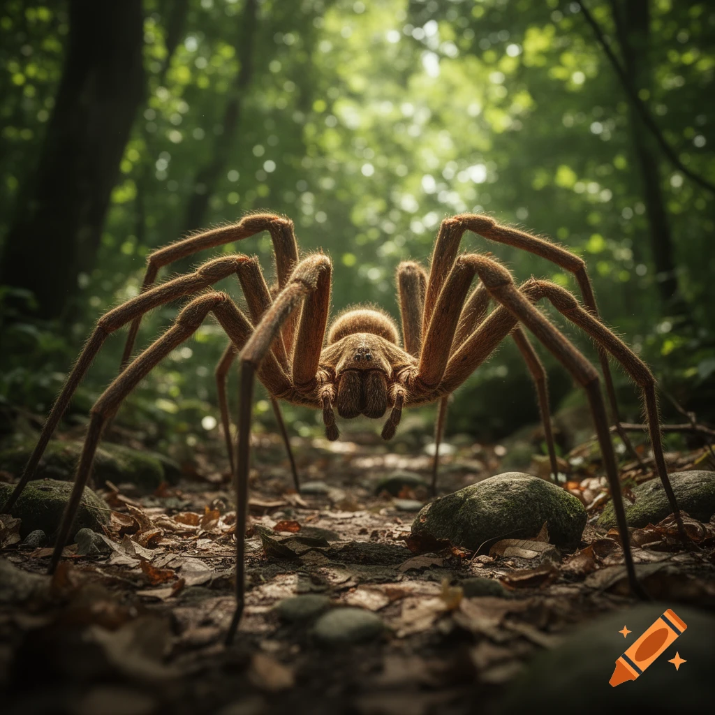 A giant, hairy spider on a forest floor, viewed from a low angle, with a blurred green forest background.