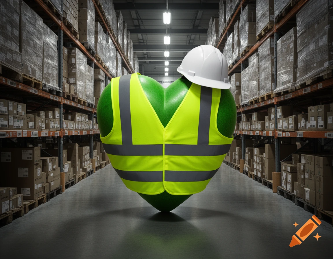 A giant green heart wearing a yellow hi-vis vest and a white hard hat stands in a warehouse aisle with racks of boxes.