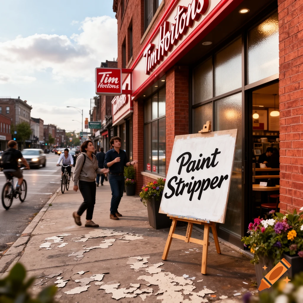 A photorealistic street scene outside a Tim Hortons with people walking and biking. An easel sign displays "Paint Stripper" on the sidewalk.