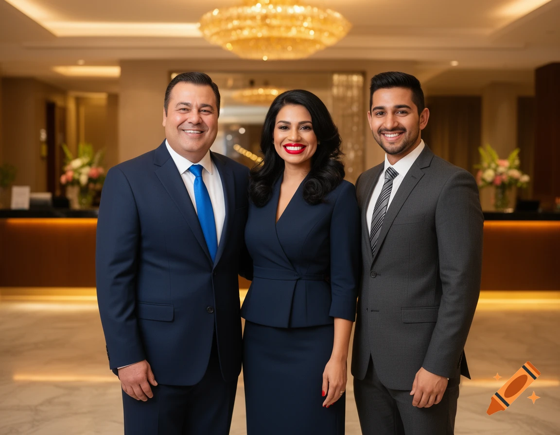 Three smiling business people, two men and one woman, stand in a luxurious hotel lobby.