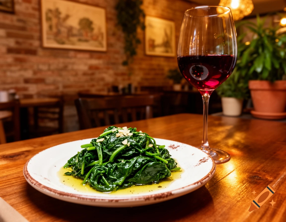 A plate of sautéed spinach with garlic next to a glass of red wine on a wooden table in an Italian bistro.