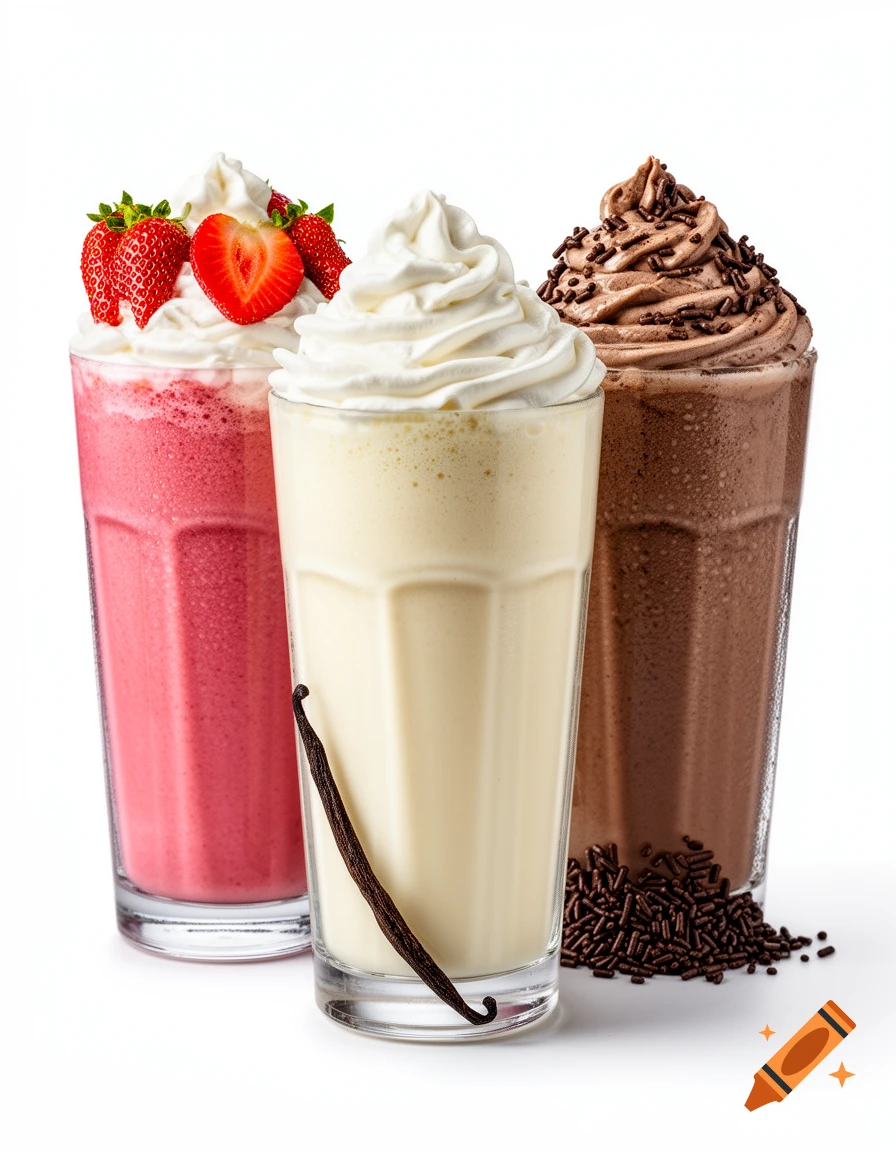 Photorealistic strawberry, vanilla, and chocolate milkshakes with whipped cream and garnishes on a white background.