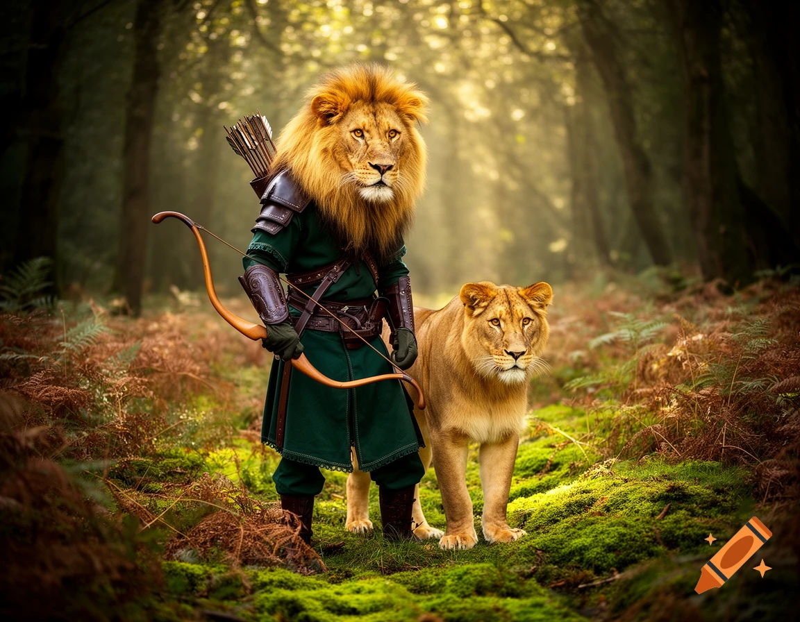 A lion-headed archer in a green tunic, holding a bow and quiver, stands next to a lioness in a sunlit forest. Photorealistic style.