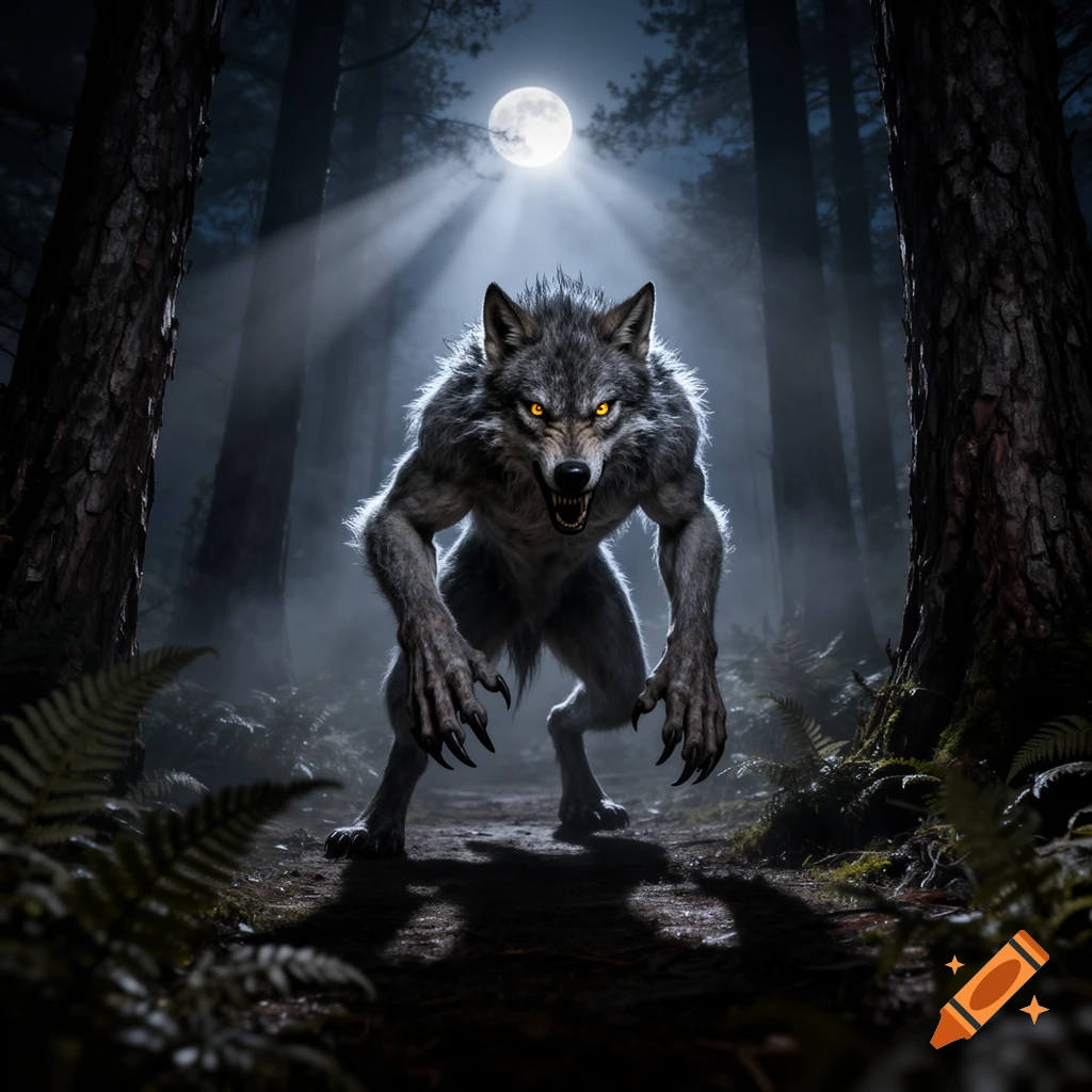 A menacing werewolf with glowing eyes crouches in a dark, misty forest under a bright full moon, with rays of light shining down.