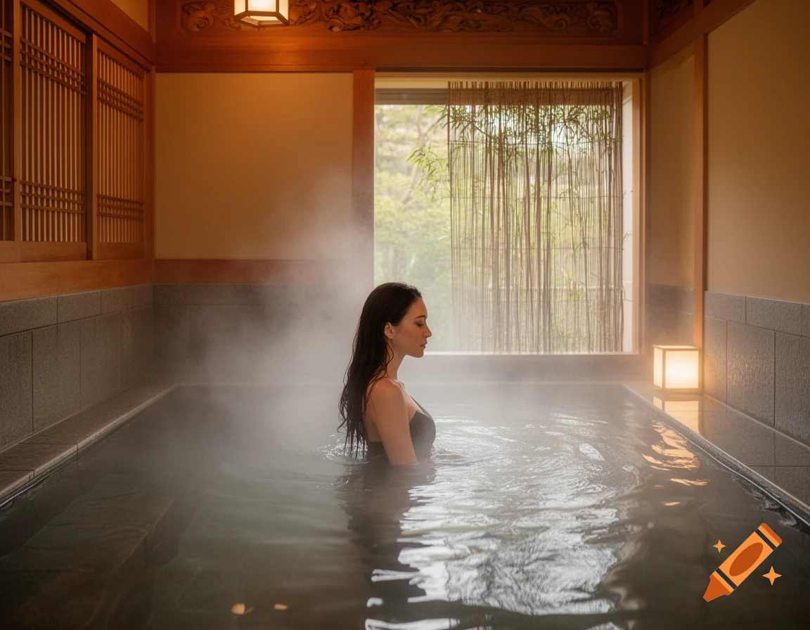 A woman sits in a steaming indoor hot spring with traditional Japanese architecture and a bamboo screen outside a window, photorealistic.