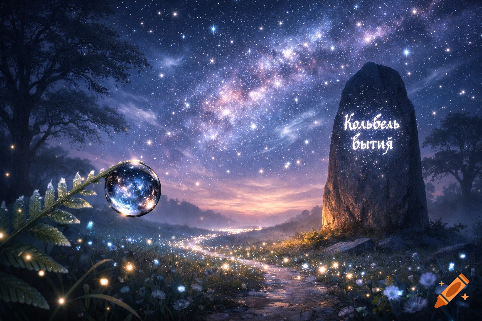 A magical night landscape with a starry milky way above, a glowing path winding through a field of luminous flowers, a crystal orb on a fern, and a large monolith with glowing Cyrillic text.