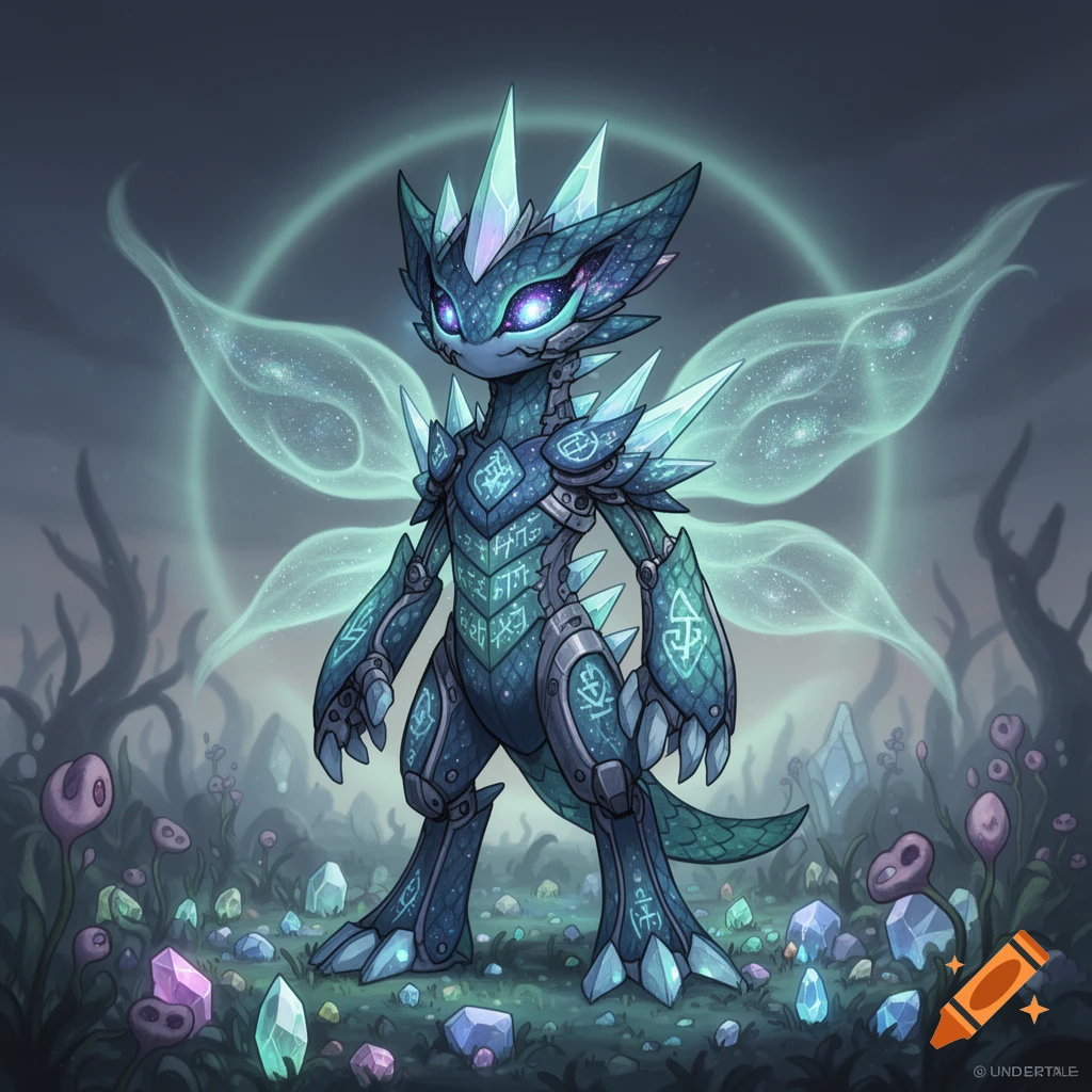 A blue-green crystal-armored monster with glowing purple eyes and ethereal wings stands in a fantasy landscape with glowing crystals.