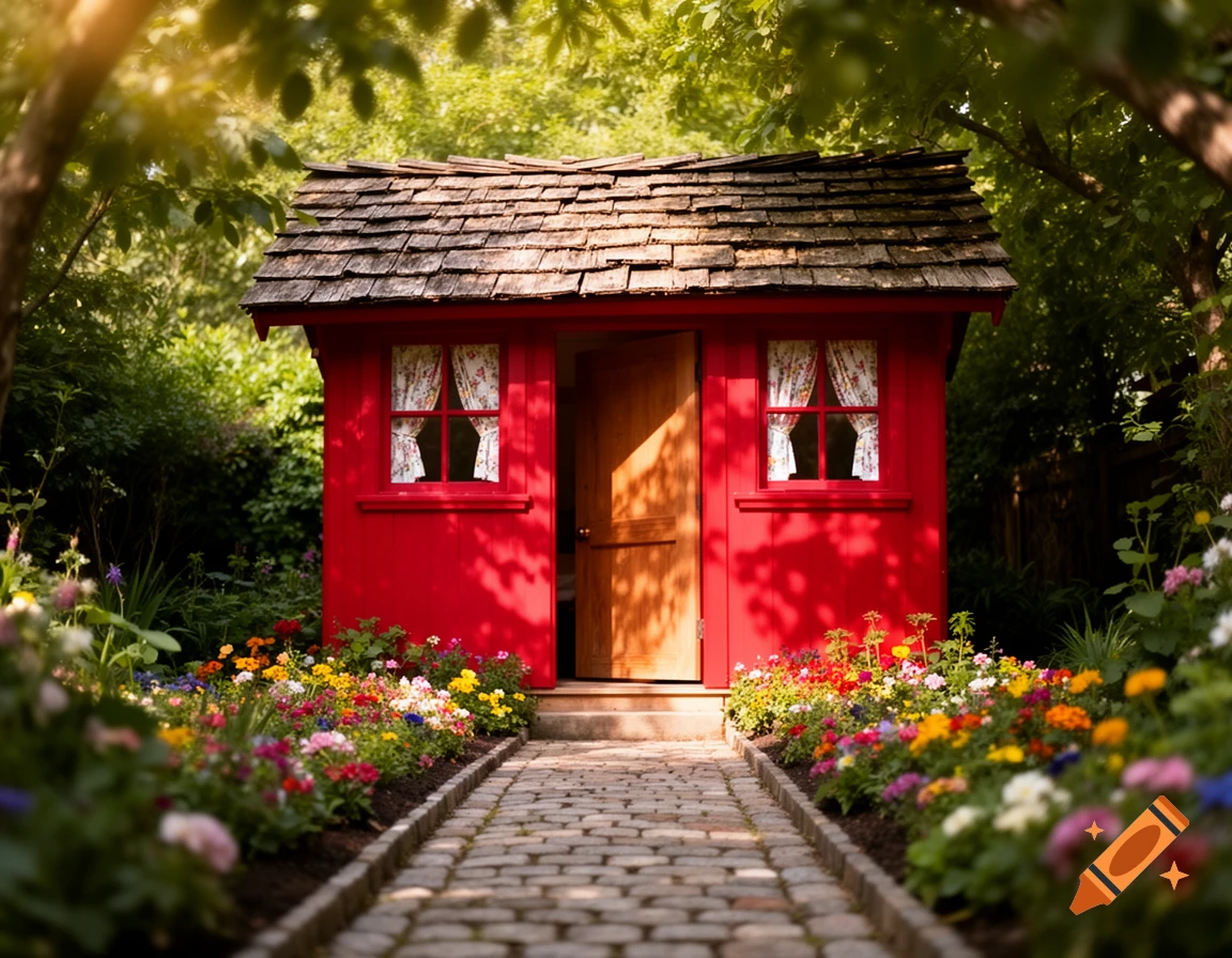 A charming red hut with a wooden door and floral-curtained windows, surrounded by a lush garden with a stone path and colorful flowers.