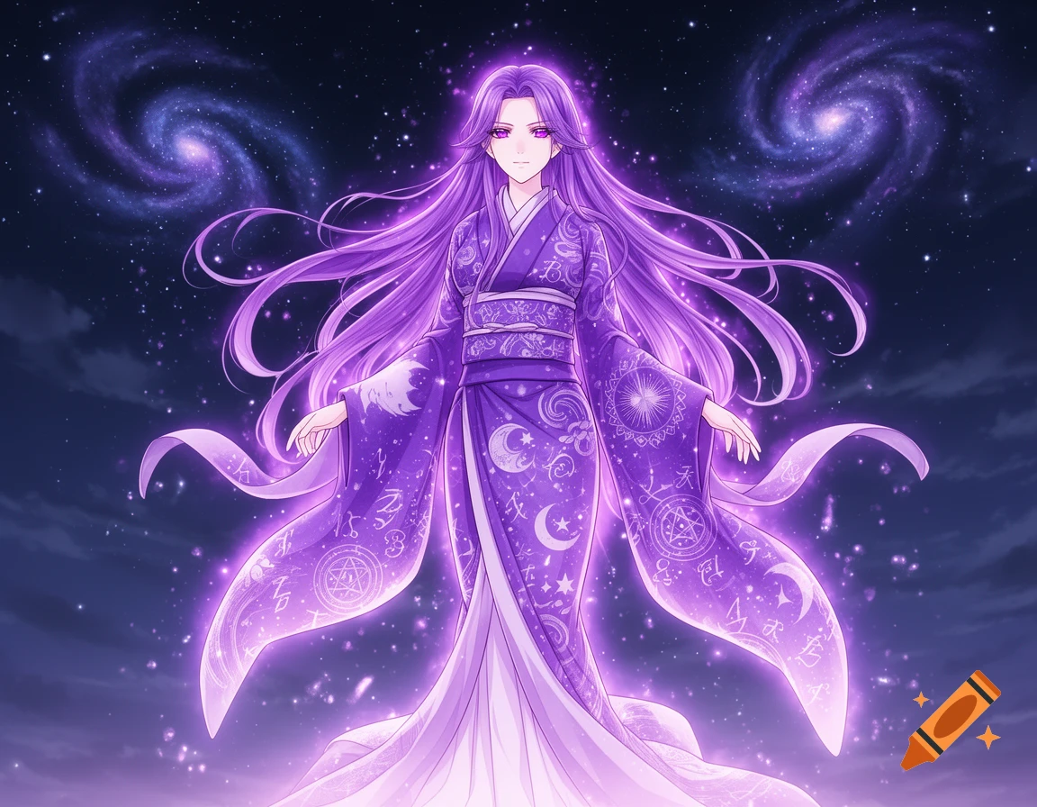 An anime woman with long purple hair and glowing purple skin wears a ...