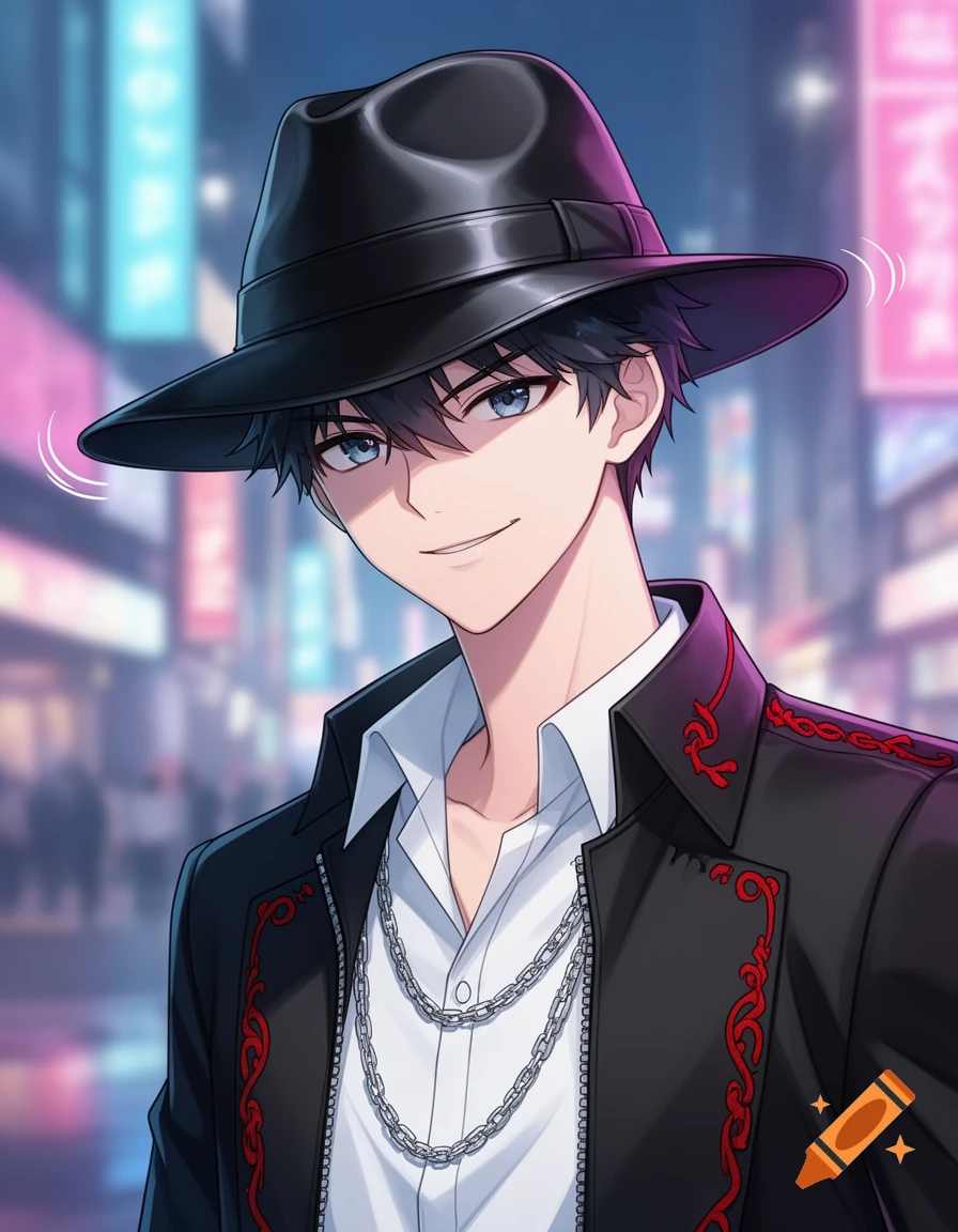 An anime drawing of a teenage boy in a black trilby hat, white shirt, and black jacket with red trim, standing in an urban setting at night.