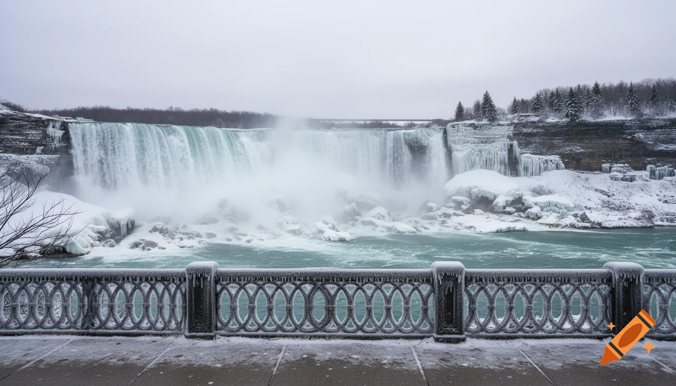 A photorealistic landscape of the partially frozen Niagara Falls in winter, viewed from a snowy sidewalk with an icy railing.