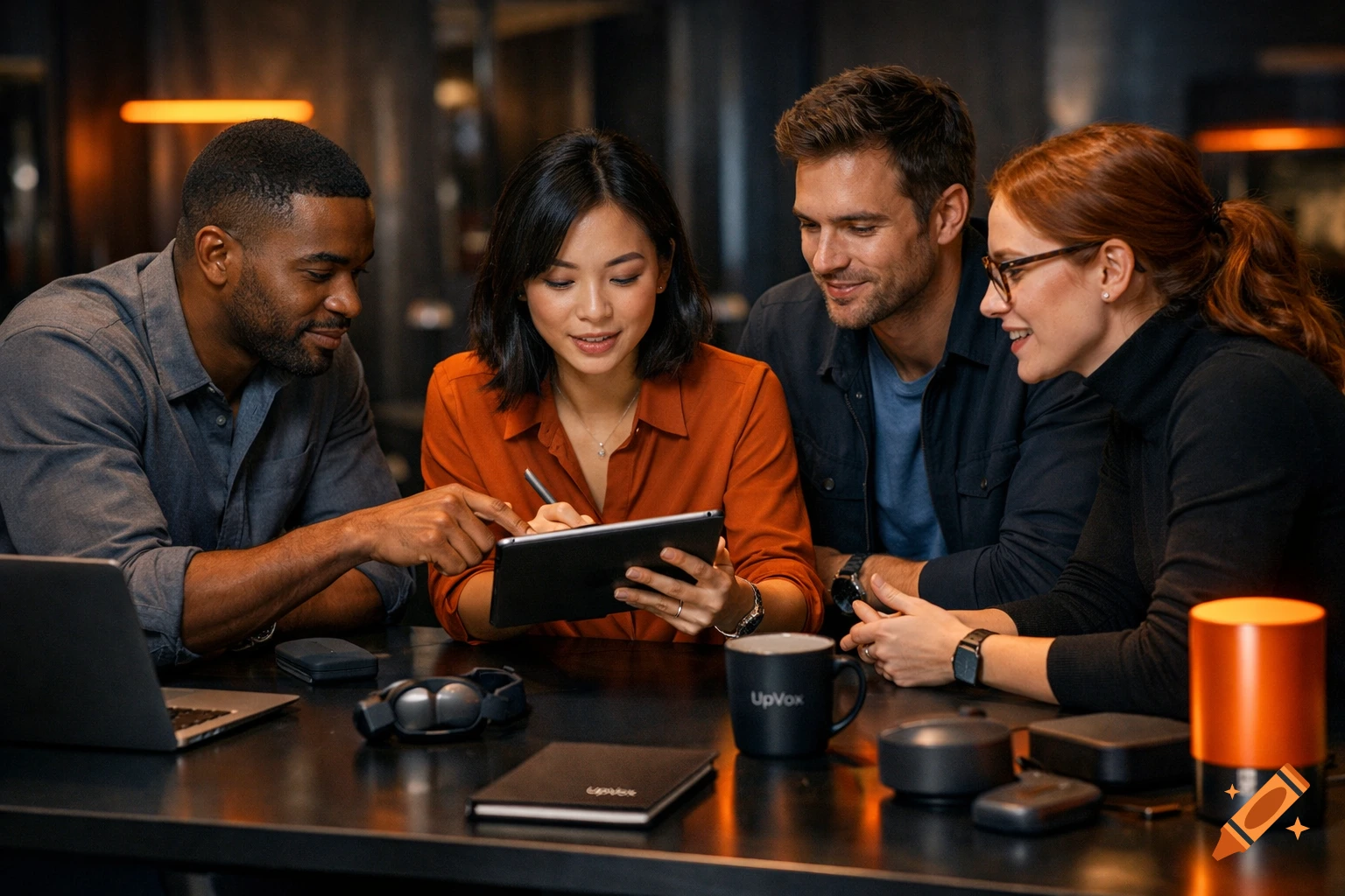 A diverse group of four professionals collaborates around a table, looking at a tablet and laptop in a modern, dimly lit office.