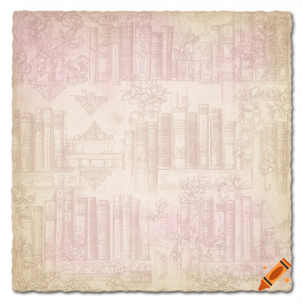 Pastel pink and beige vintage patterned paper with illustrations of bookshelves filled with books and floral designs, with ragged edges.
