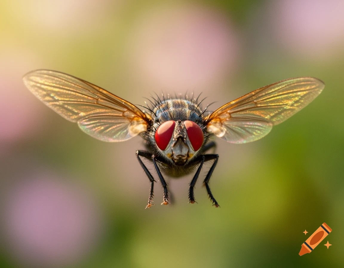 Close-up photorealistic macro shot of a fly with prominent red eyes and translucent wings hovering against a blurred green and pink background.
