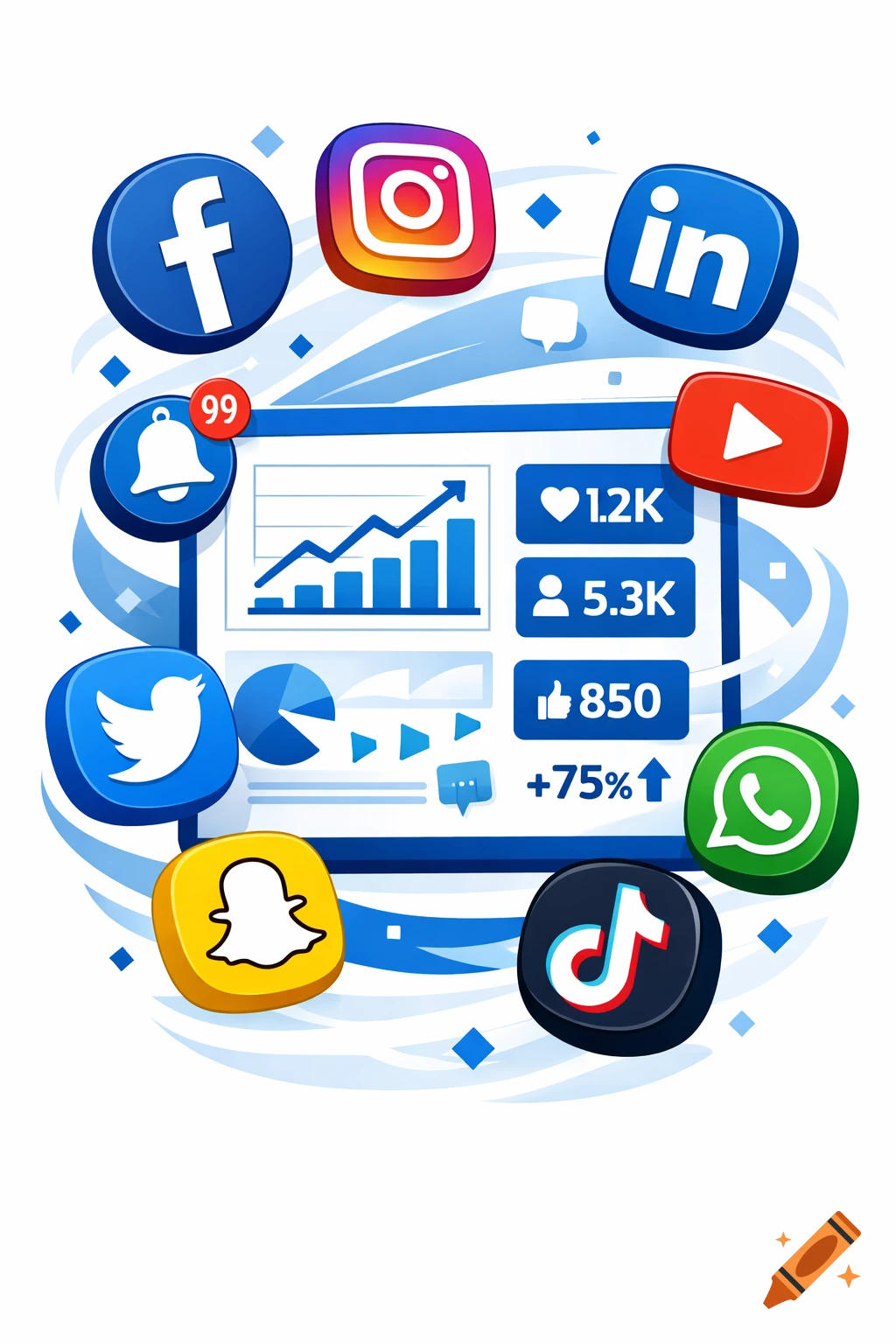 Vibrant illustration of social media icons surrounding a dashboard displaying growth statistics and metrics.
