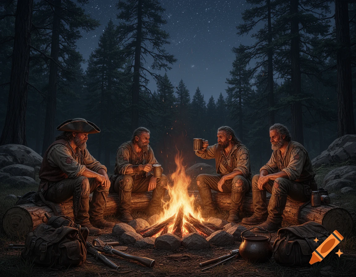 Four bearded men in rustic attire sit around a glowing campfire in a dark forest under a starry night sky.
