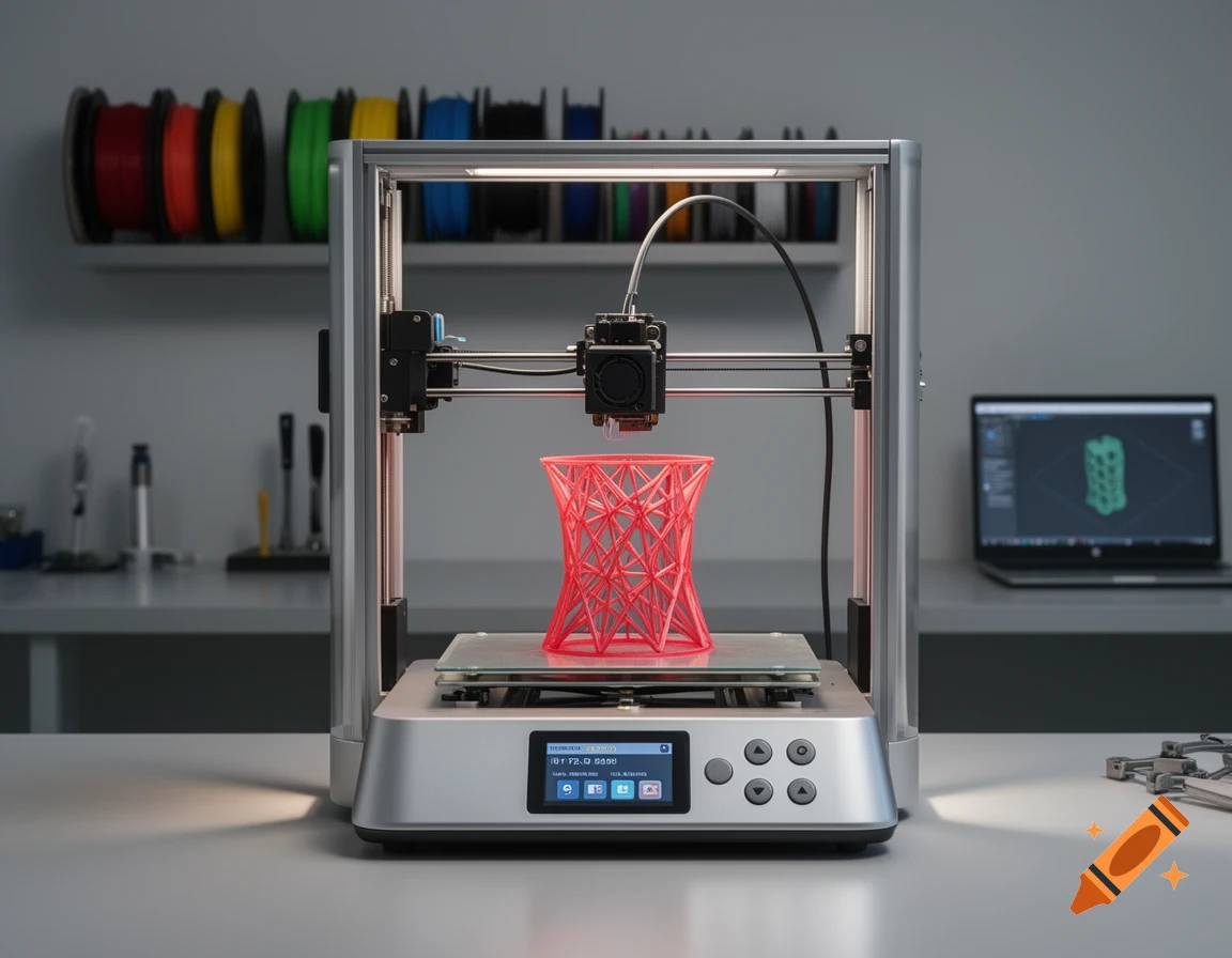 A silver 3D printer works in a lab, creating a red, lattice-like vase. Colorful filament spools and a laptop are in the background.