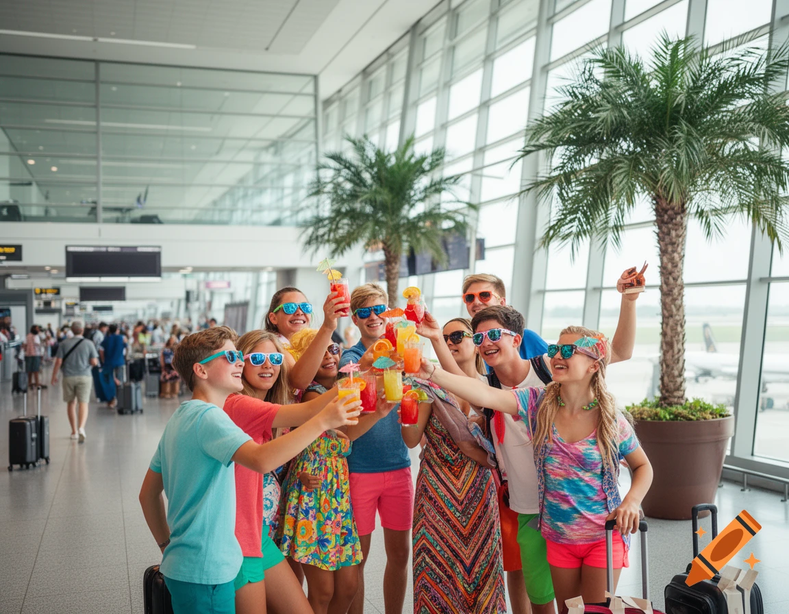 A diverse group of young adults in summer attire and sunglasses cheers with colorful drinks at an airport gate with palm trees.