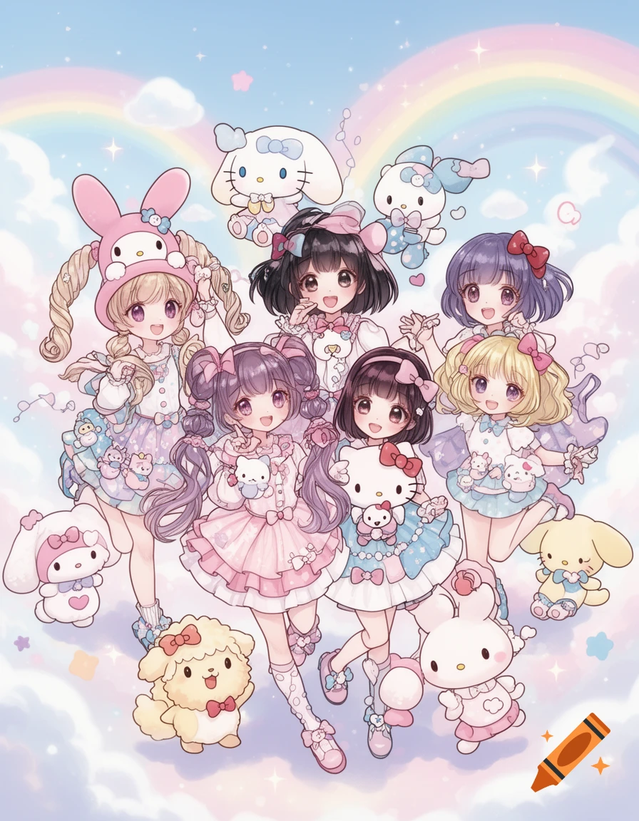 A group of smiling anime girls in pastel dresses with Sanrio characters and a rainbow in a cute, vibrant style.