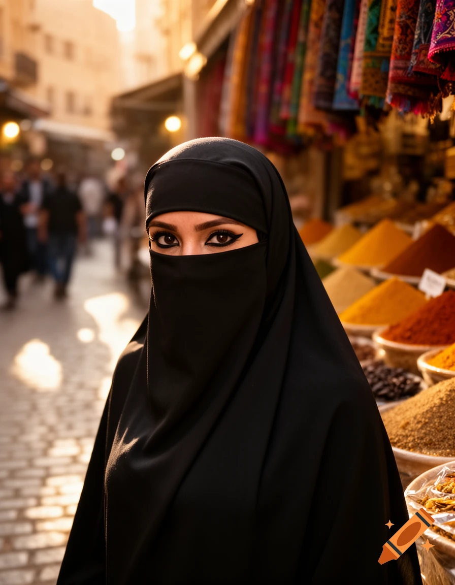 Woman in black niqab with dramatic eye makeup in a bustling, sunlit marketplace with colorful spices and textiles. Photorealistic.