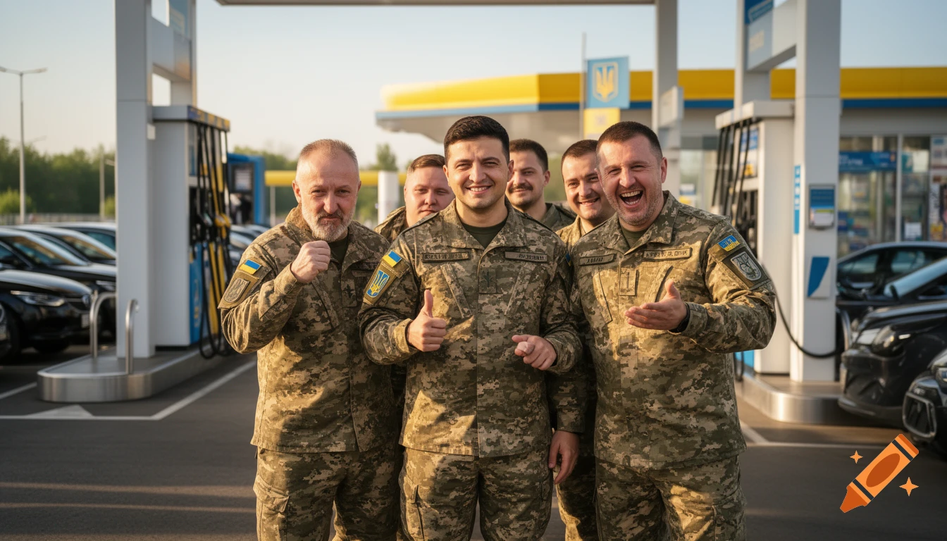 Smiling men in camouflage military uniforms pose at a sunny gas station, some giving thumbs up.