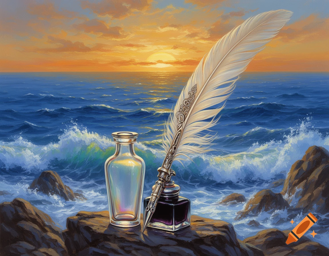 A painterly depiction of a quill pen and inkwell next to an empty bottle on rocks by a turbulent ocean at sunset.