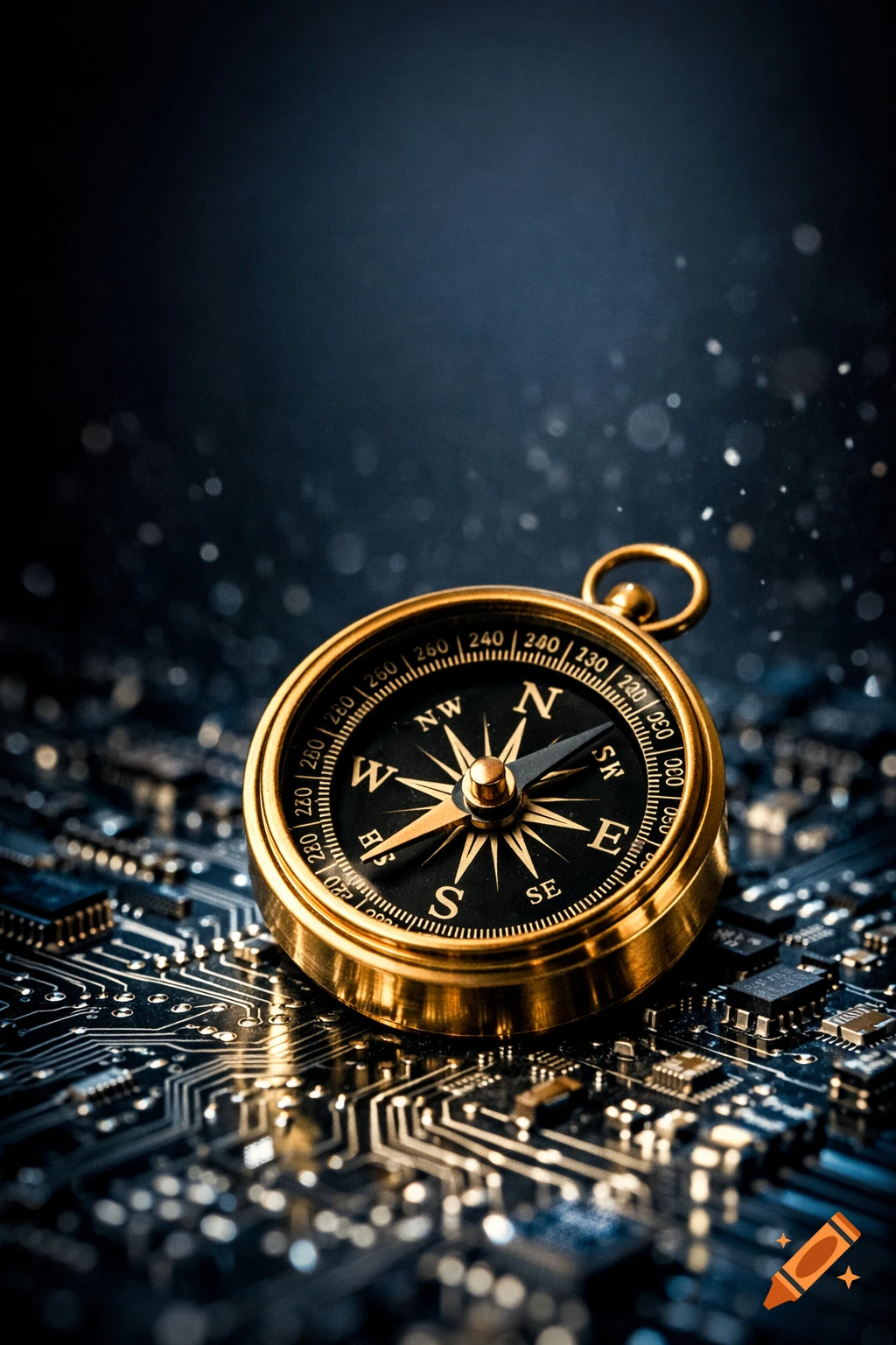 A close-up of a brass navigation compass on a luminous electronic circuit board with soft glow particles and bokeh.