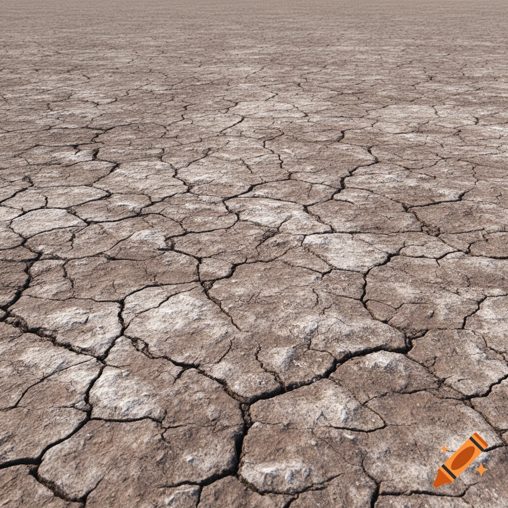 A close-up, high-angle view of dry, cracked mud ground, extending to the horizon.