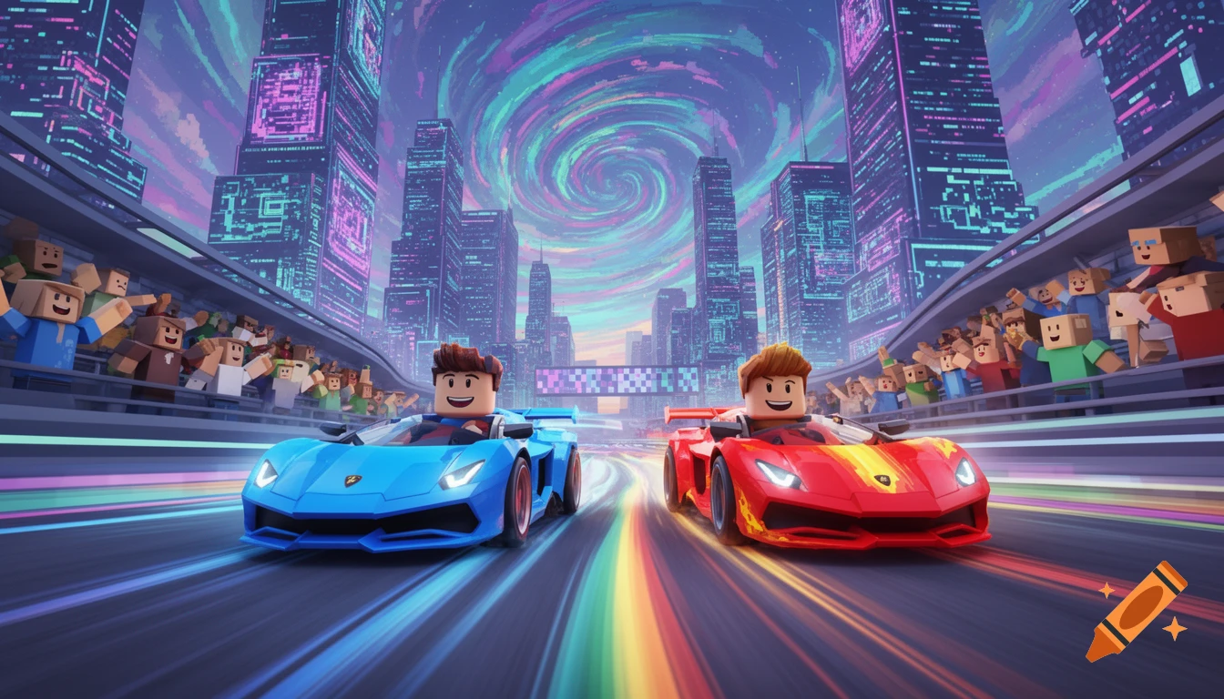 Two Roblox-style characters race in blue and red sports cars on a futuristic city track with a swirling sky and blocky spectators.