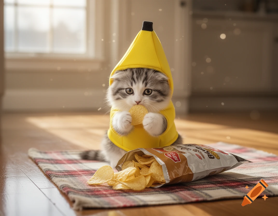A cute kitten in a yellow banana costume eats a potato chip from a bag spilled on a plaid rug.