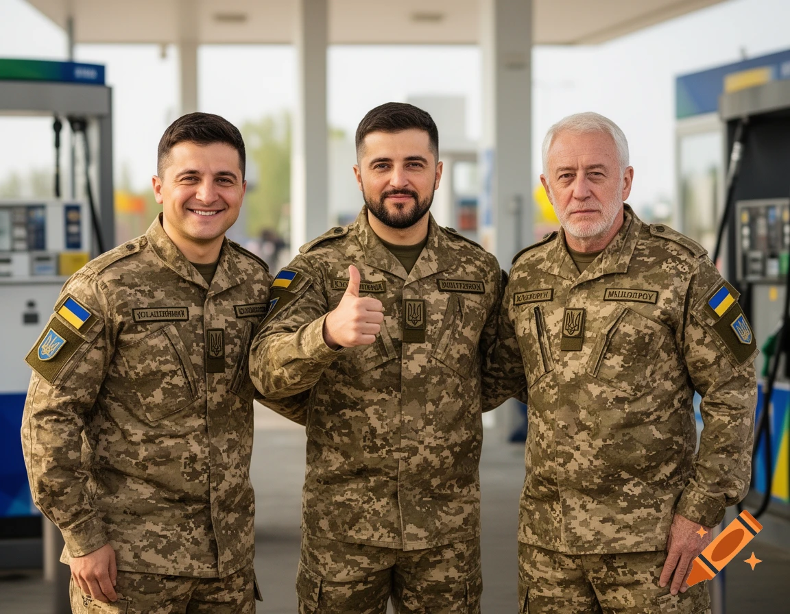 Three men in Ukrainian military camouflage uniforms stand at a gas station, two smiling and one giving a thumbs up.