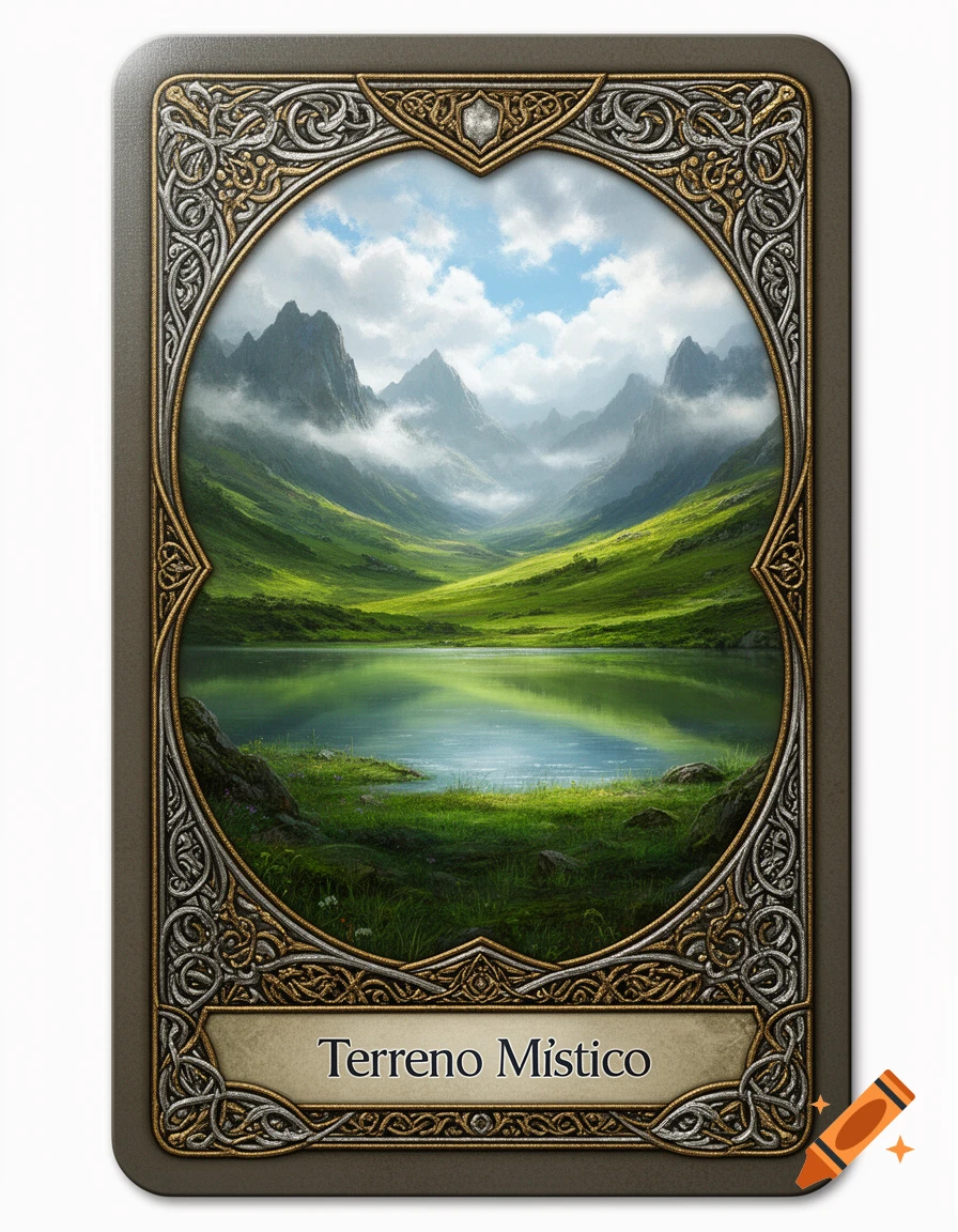 A fantasy game card with an ornate frame showing a misty mountain valley, a lake, and green hills. Text: Terreno Mistico.