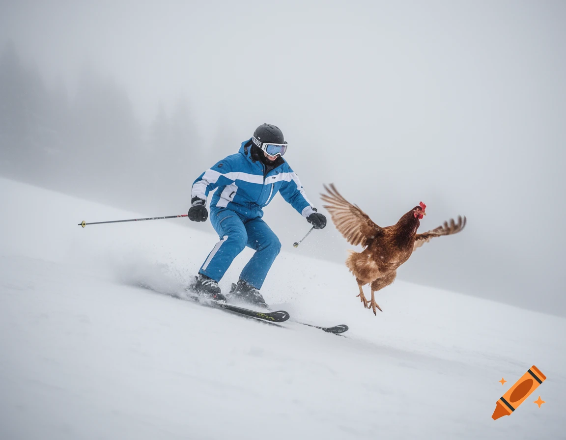 A person in blue ski gear skis down a snowy slope next to a chicken flying mid-air in foggy conditions.