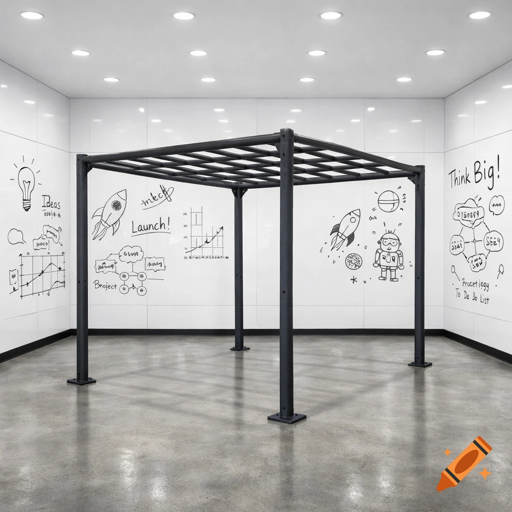 A modern room with white whiteboard walls covered in doodles and text, featuring a black monkey bar structure in the center.