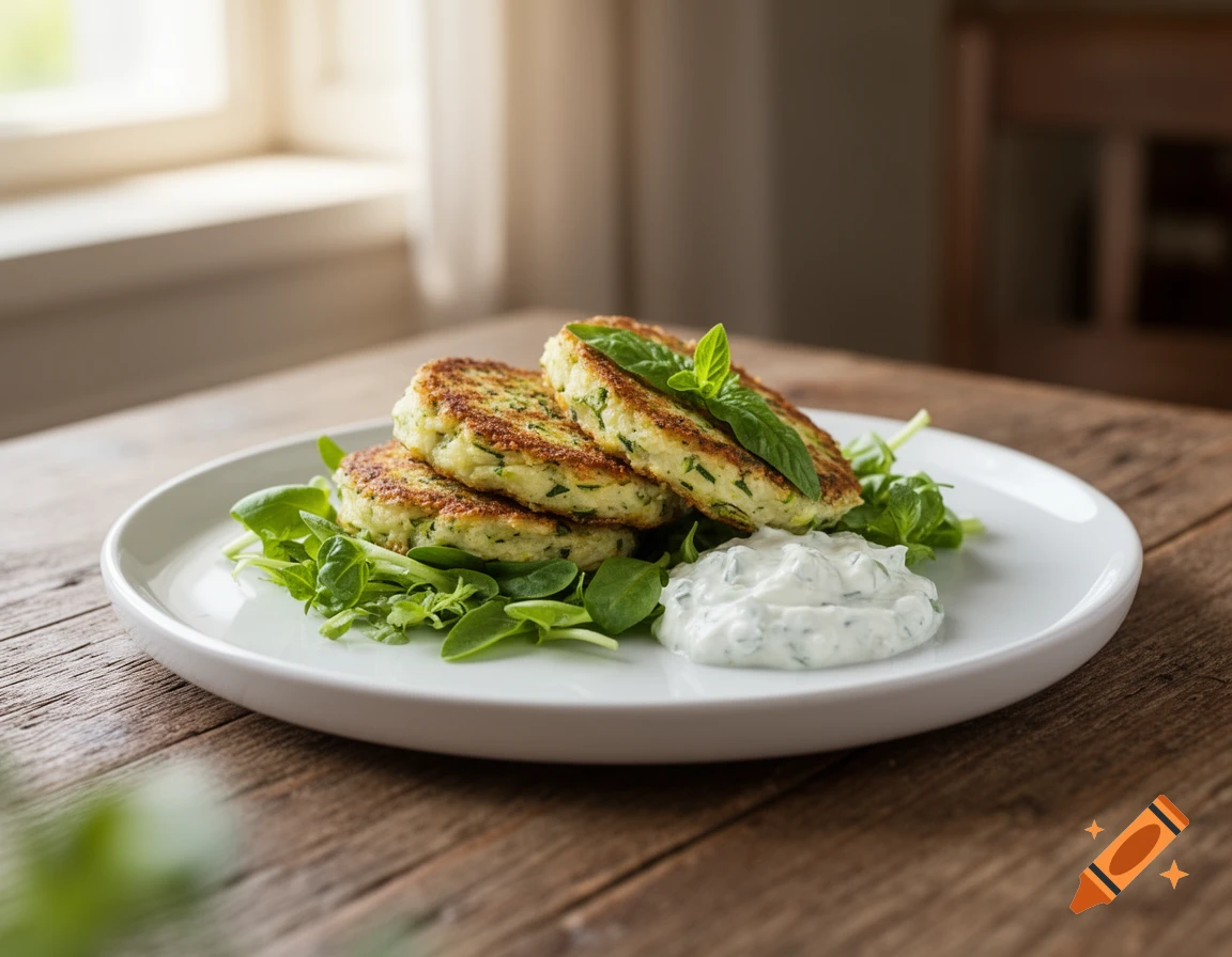 Three potato-zucchini-mozzarella patties with greens and tzatziki sauce on a white plate, set on a wooden table.
