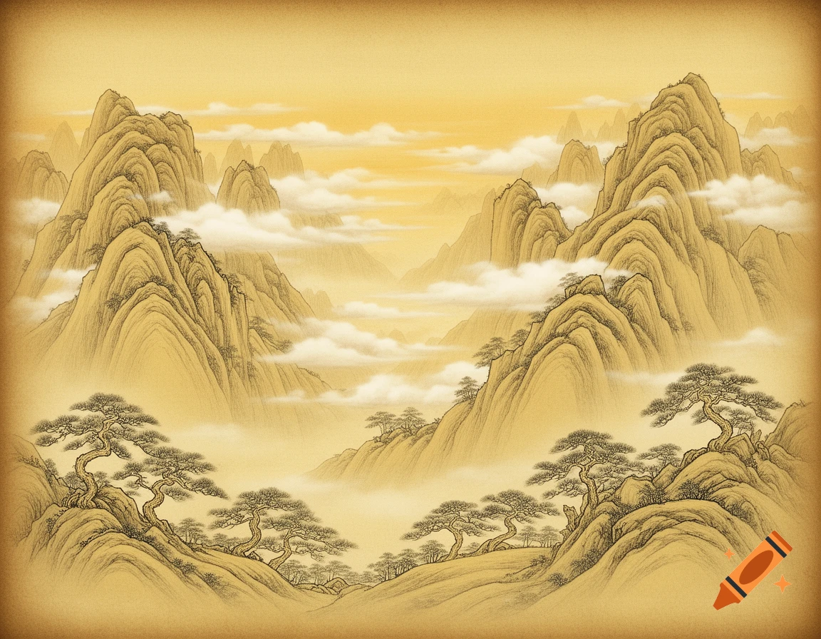 Traditional Chinese painting of golden mountains shrouded in mist and clouds with gnarled pine trees.