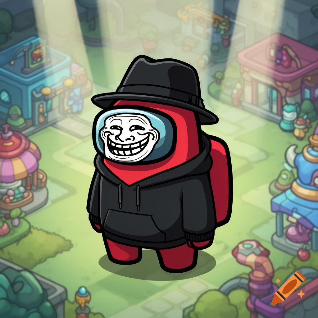 Red Among Us character wearing a black fedora and hoodie, with a Trollface meme on its visor, in a cartoon game world.