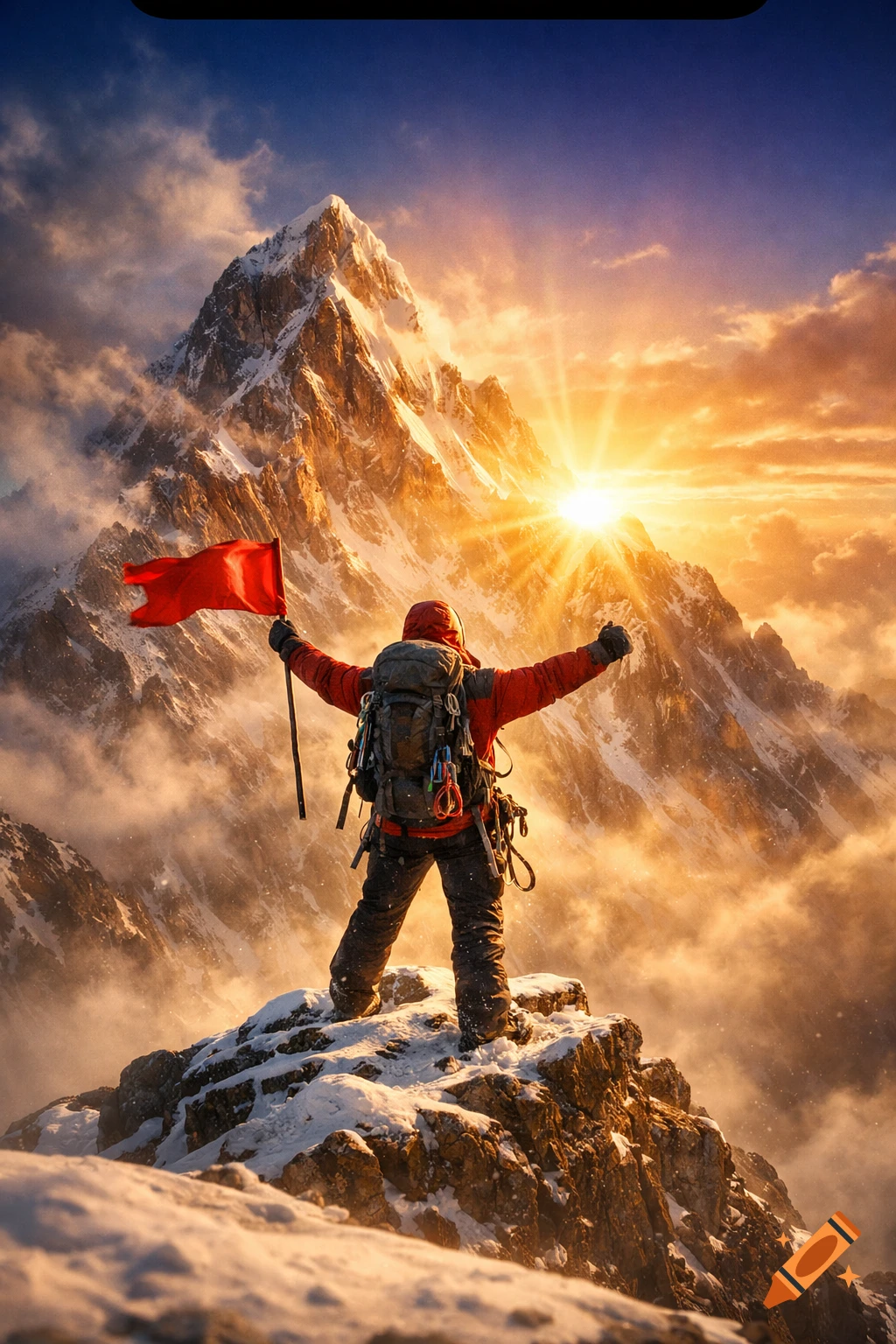 A triumphant climber stands on a snowy mountain peak, holding a red flag, as golden sun rays pierce through clouds at sunrise. Photorealistic.