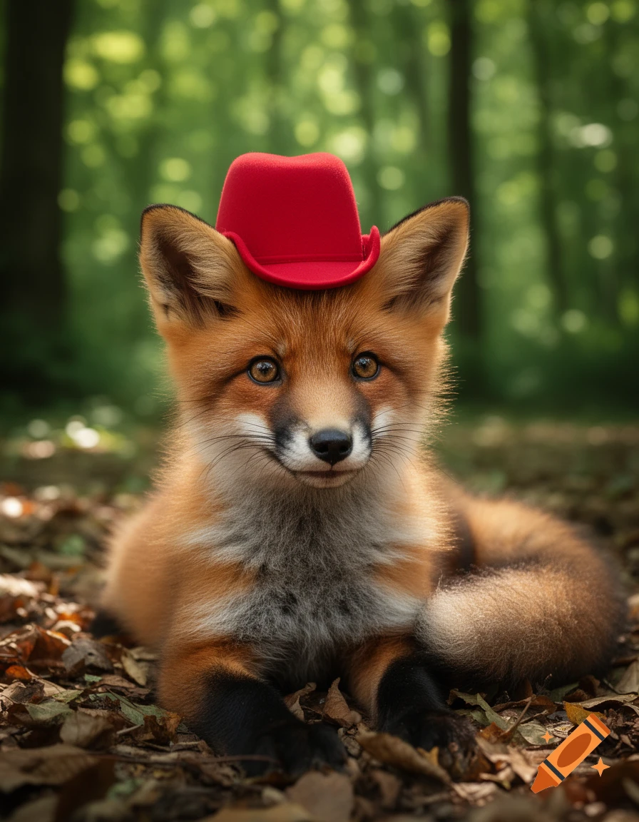 A cute fox wearing a red hat, lying on a bed of autumn leaves in a sun-dappled forest.