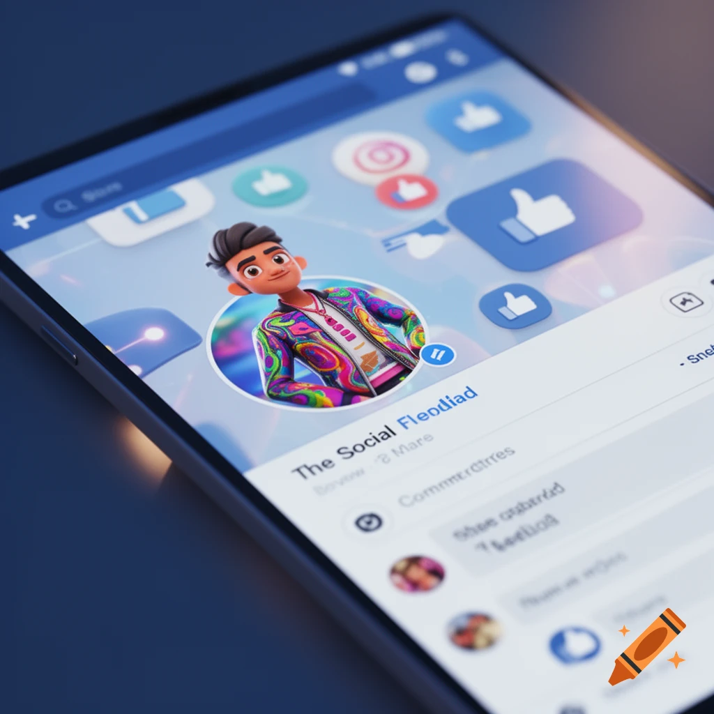 A close-up shot of a smartphone displaying a social media app interface with a colorful 3D cartoon avatar as the profile picture.