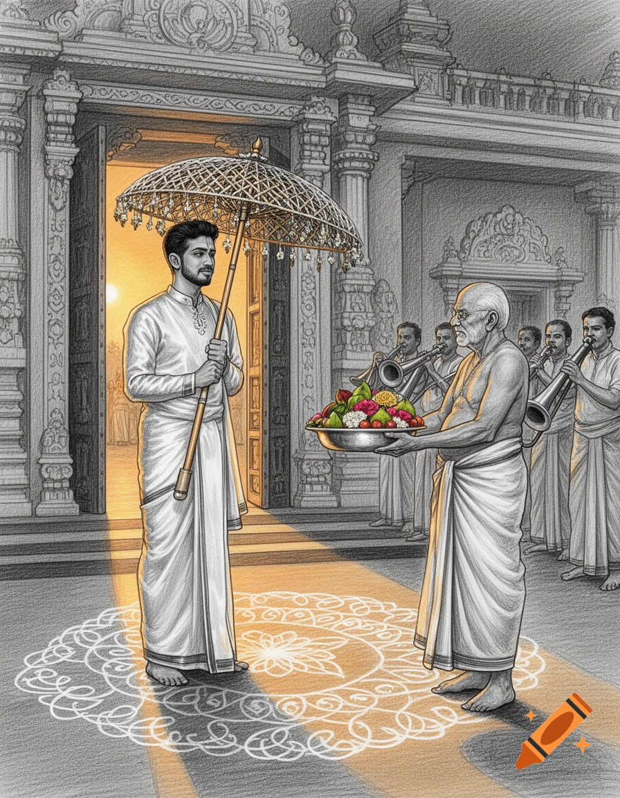 High-contrast pencil sketch of a groom with an ornate umbrella, an elder holding a fruit tray, and musicians at a temple entrance with a kolam.