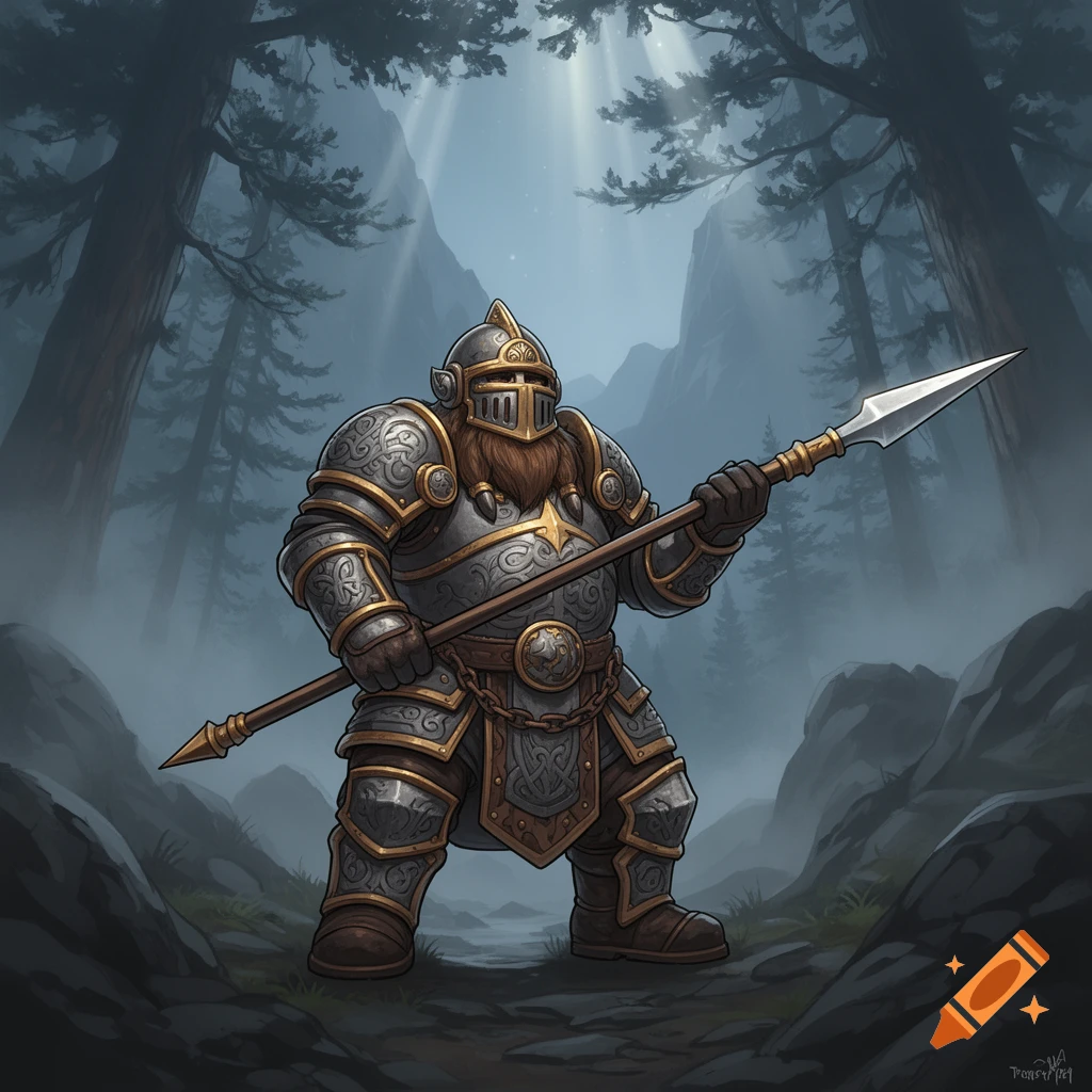 A stylized 2D illustration of a stout fantasy dwarf in ornate gold and silver armor, holding a lance in a misty forest.