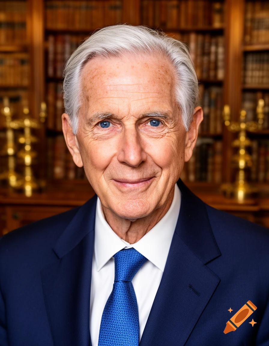 A smiling elderly man with white hair and blue eyes in a navy suit and blue tie, in front of a bookshelf.