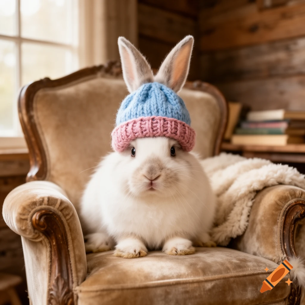 A cute white rabbit wearing a blue and pink knitted hat sits in a brown velvet armchair, looking directly at the viewer.
