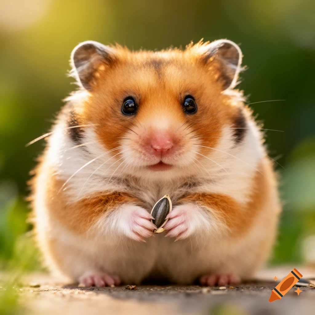 A fluffy brown and white hamster with large dark eyes holds a sunflower seed in its paws, looking forward against a soft green background.