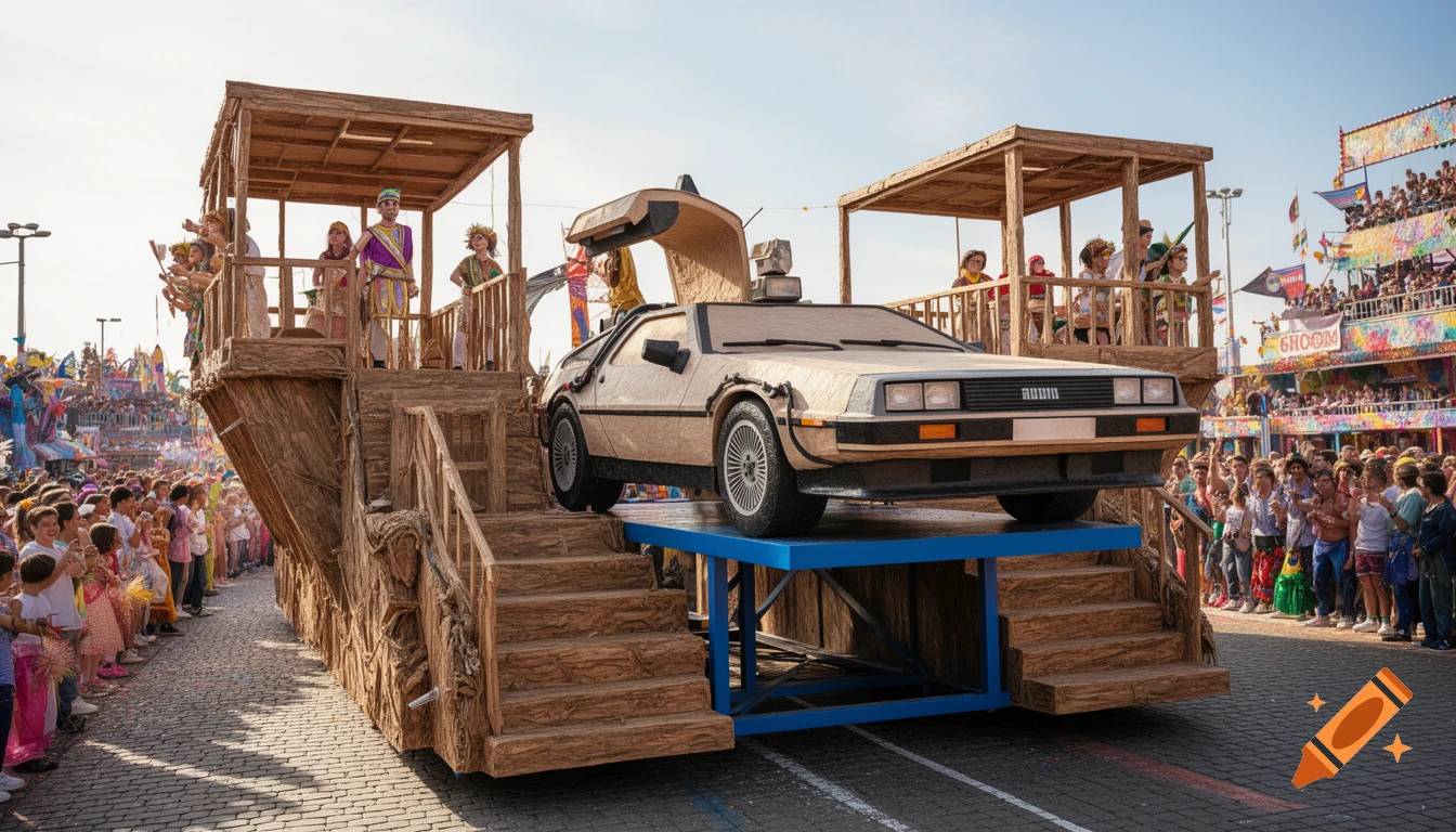A carnival float featuring a paper-crafted DeLorean on a blue lift, surrounded by wooden structures with people, during a sunny parade.